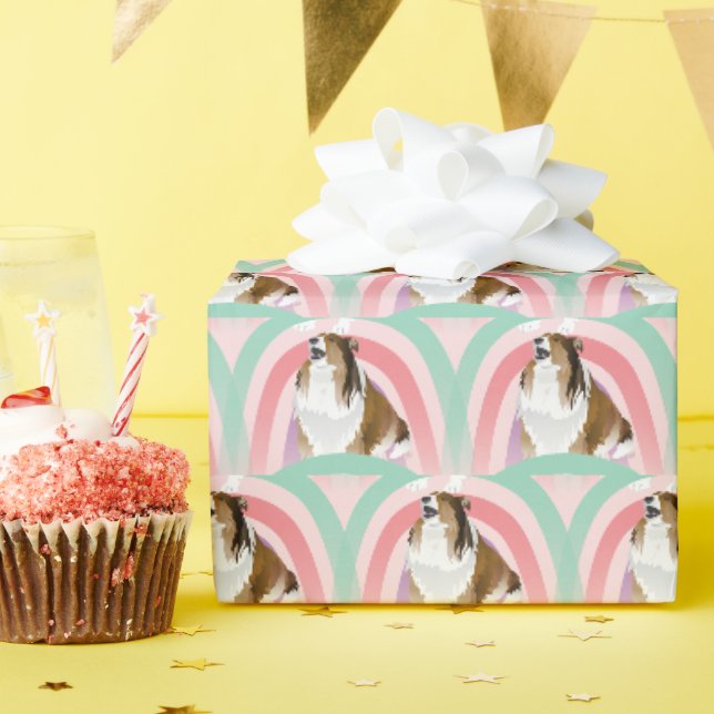 Papel De Regalo Sheltie Dog Rainbow Pink Birday (Fiesta de cumpleaños )
