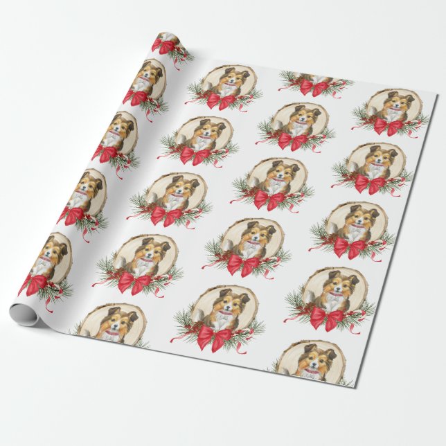Papel De Regalo Sheltie Navidades de la rebanada de madera envolve (Desenrollado)