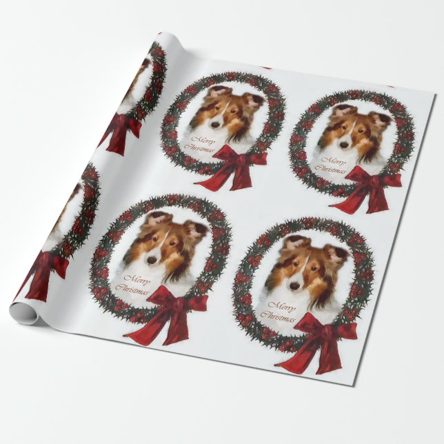 Papel De Regalo Shetland Sheepdog Navidades Wreath (Desenrollado)
