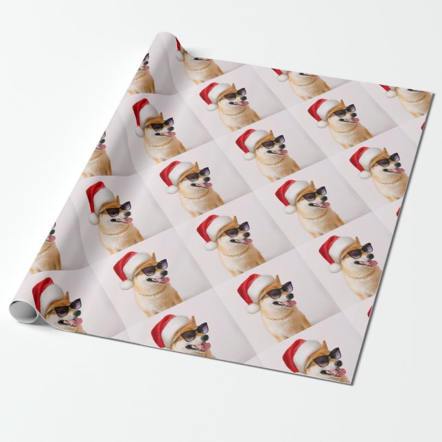 Papel De Regalo Shiba Inu dog in Santa Claus red hats (Desenrollado)