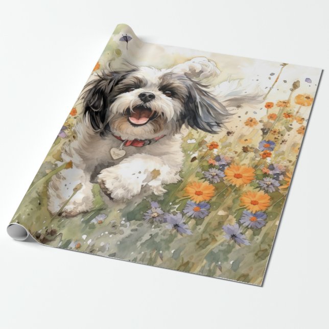 Papel De Regalo Shih Tzu, acuarela floral (Desenrollado)