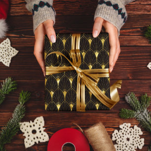 Papel De Regalo Shiny Gold Art Deco Pattern On Black