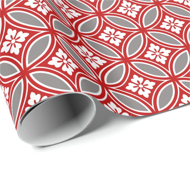 Papel De Regalo Shipo con motivos florales, rojo, blanco y gris (Esquina del rollo)