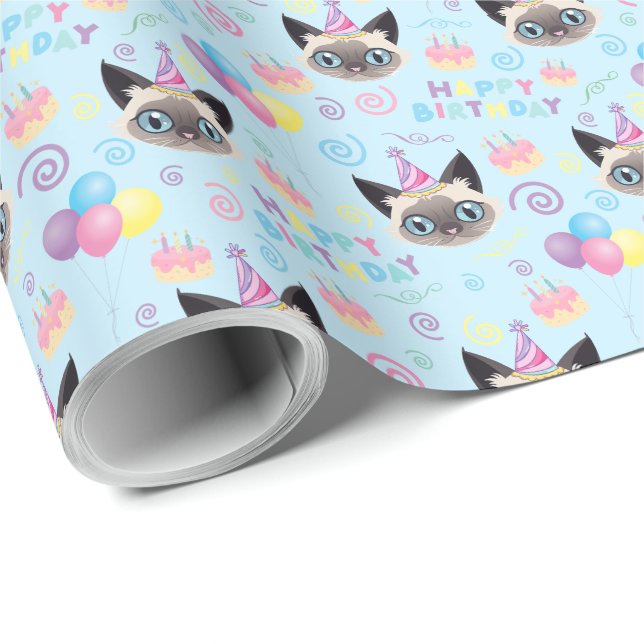 Papel De Regalo Siamese Cat Birthday Gift Wrapping Paper in Blue (Esquina del rollo)
