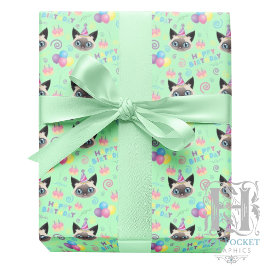 Papel De Regalo Siamese Cat Birthday Gift Wrapping Paper in Green