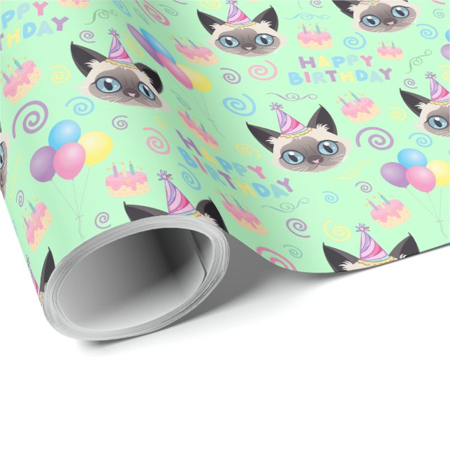 Papel De Regalo Siamese Cat Birthday Gift Wrapping Paper in Green (Esquina del rollo)