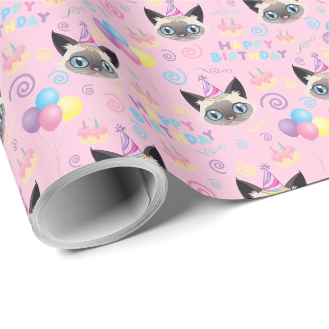 Papel De Regalo Siamese Cat Birthday Gift Wrapping Paper in Pink (Esquina del rollo)