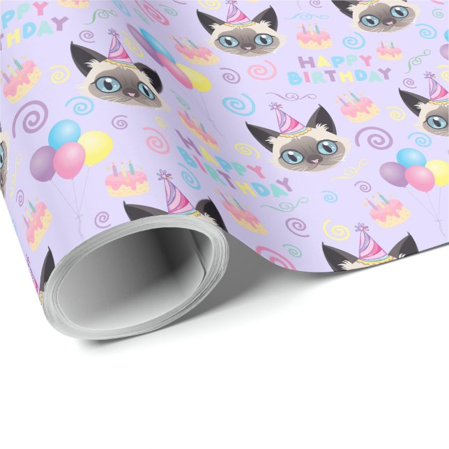 Papel De Regalo Siamese Cat Birthday Gift Wrapping Paper in Purple (Esquina del rollo)