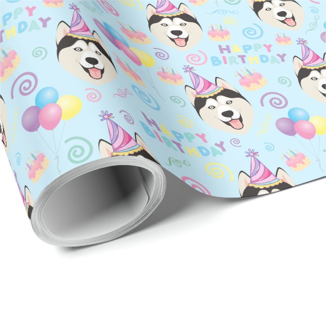 Papel De Regalo Siberian Husky Birthday Gift Wrapping Paper Blue (Esquina del rollo)