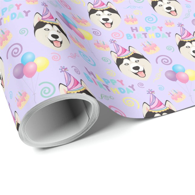 Papel De Regalo Siberian Husky Birthday Gift Wrapping Paper Purple (Esquina del rollo)
