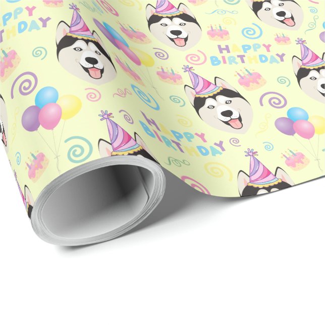 Papel De Regalo Siberian Husky Birthday Gift Wrapping Paper Yellow (Esquina del rollo)