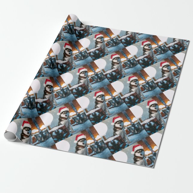 Papel De Regalo Siberian Husky dog wearing santa hat (Desenrollado)