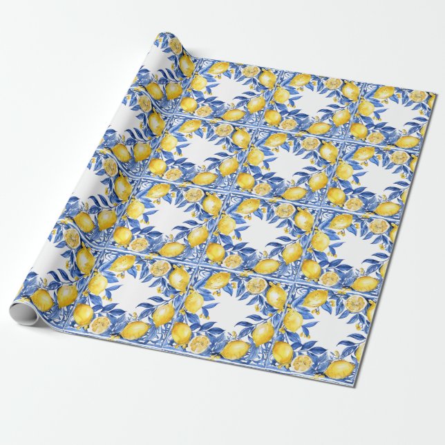 Papel De Regalo Sicilian Lemon Tiles Pattern Mediterranean Dolce  (Desenrollado)