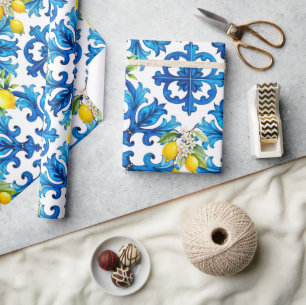 Papel De Regalo Siciliano, verano, limón, mosaico, azul