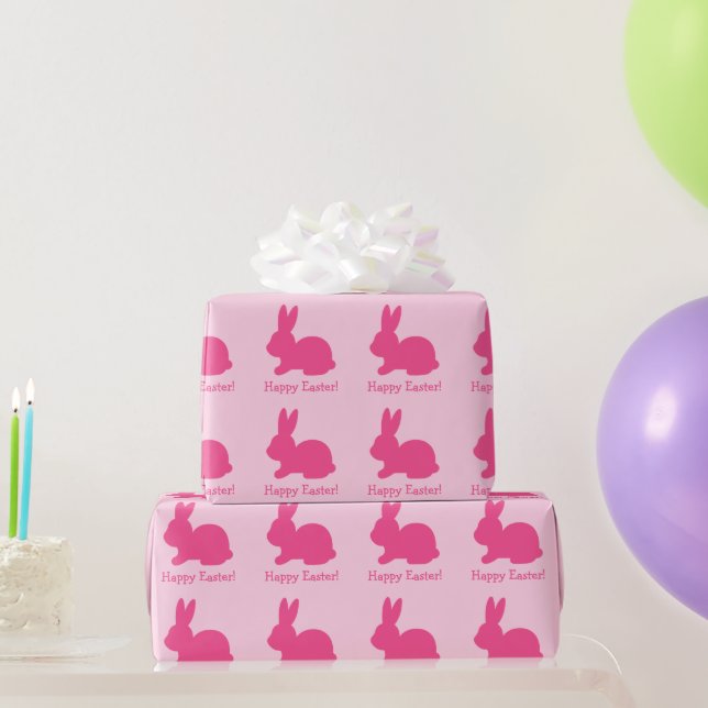 Papel De Regalo Silhouette de conejito rosa con texto Feliz Pascua (Regalos de fiesta)