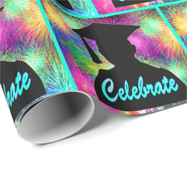 Papel De Regalo Silhouette De Graduación Celebra Los Fuegos Artifi (Esquina del rollo)