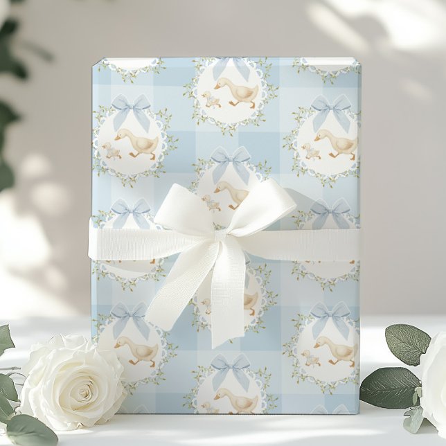 Papel De Regalo Silly Goose Blue Bow Whimsical Preppy Gingham (Subido por el creador)