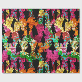 Papel De Regalo silueta vintage de la floral negra de mediados del