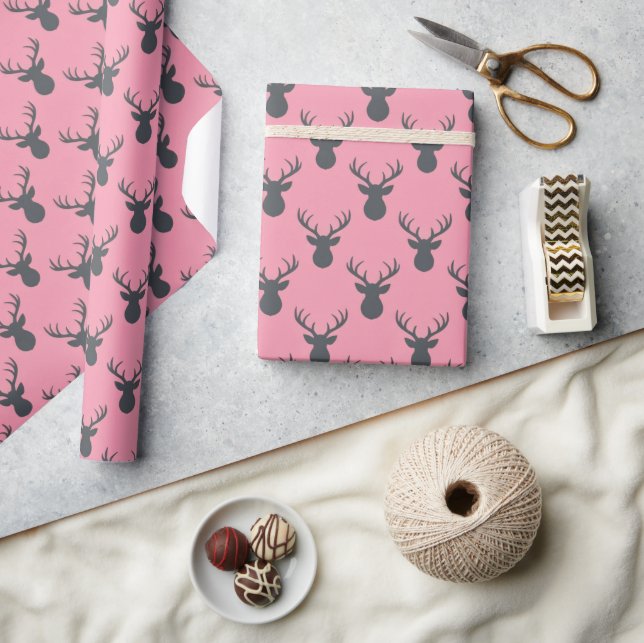Papel De Regalo Siluetas de ciervos sobre rosa (Artesanía)