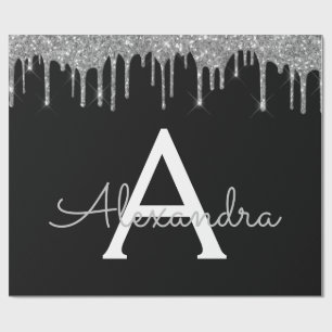 Papel De Regalo Silver Black Luxury Purpurina Glam Monograma Nombr