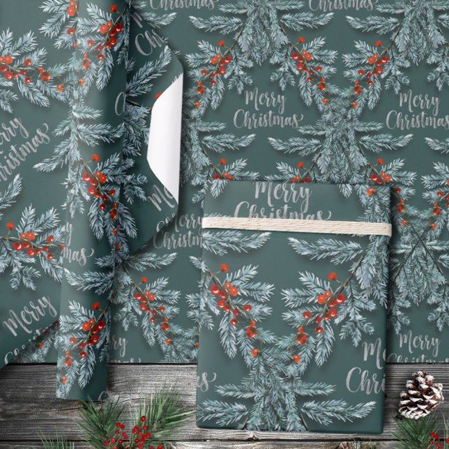 Papel De Regalo Silver Blue Sprue Red Berries Feliz Navidad (Subido por el creador)