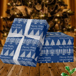 Papel De Regalo Silver Sobre El Cerezo Azul Feliz Navidad Chrismuk<br><div class="desc">Añada su nombre a este clásico papel de envolvimiento navideño Merry Happy Chrismukkah en un patrón festivo de plata y azul de Menorahs y árboles de Navidad. Sencillo y divertido, este envoltorio de regalo es la elección perfecta para familias mixtas que celebran tanto Hanukkah como Navidades. Con elegantes obras de...</div>