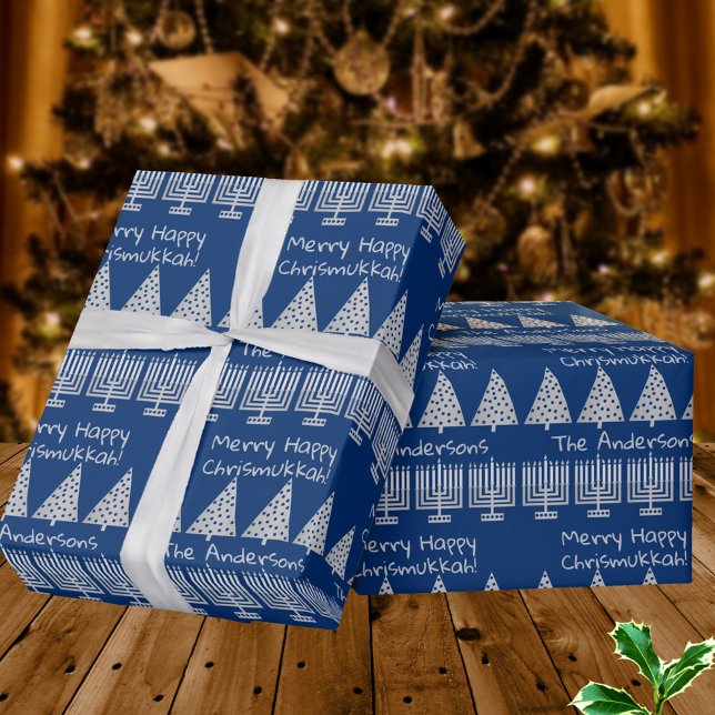 Papel De Regalo Silver Sobre El Cerezo Azul Feliz Navidad Chrismuk (It's super easy to add a name into this silver tone on dark blue inter-faith design)