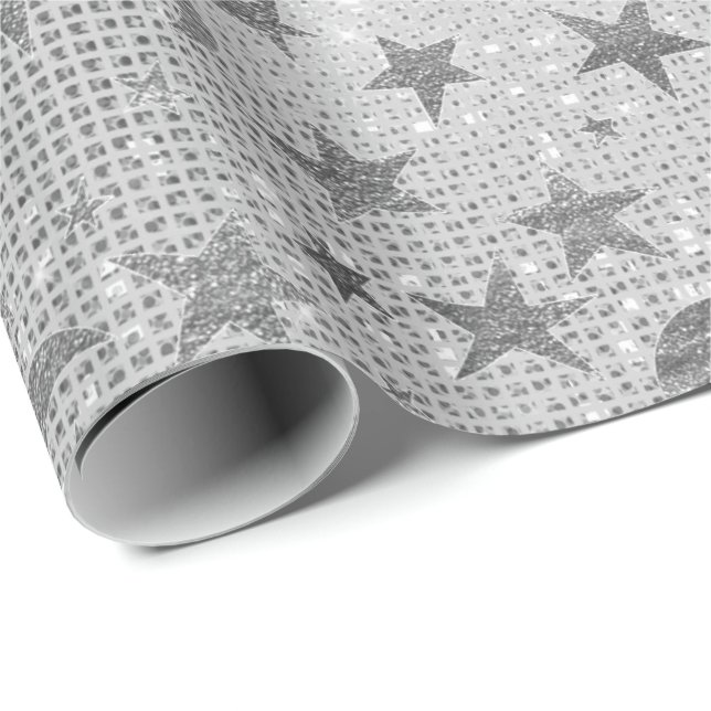 Papel De Regalo Silver Stars Moon Celestial Sky Sequin Gray VIP (Esquina del rollo)