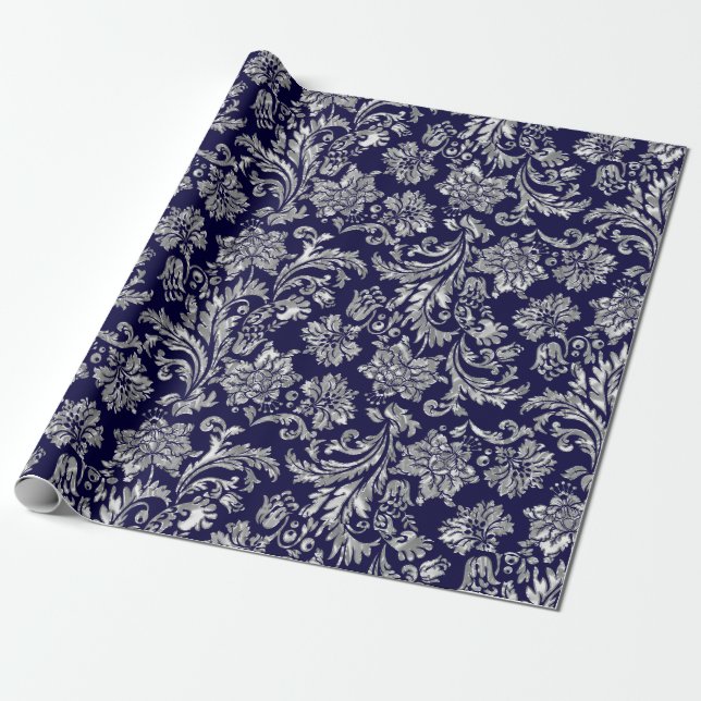 Papel De Regalo Silvers & Midnight Blue Damask (Desenrollado)