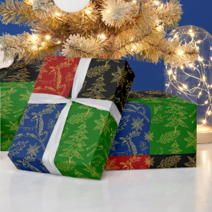 Papel De Regalo Símbolos de Navidad dorados sobre fondo geométrico