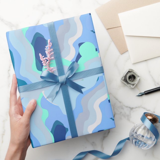 Papel De Regalo Simetría abstracta con curvas de flujo azul (Regalar)