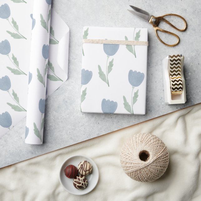 Papel De Regalo Simple Acuarela Floral Azul Polvoriento (Artesanía)