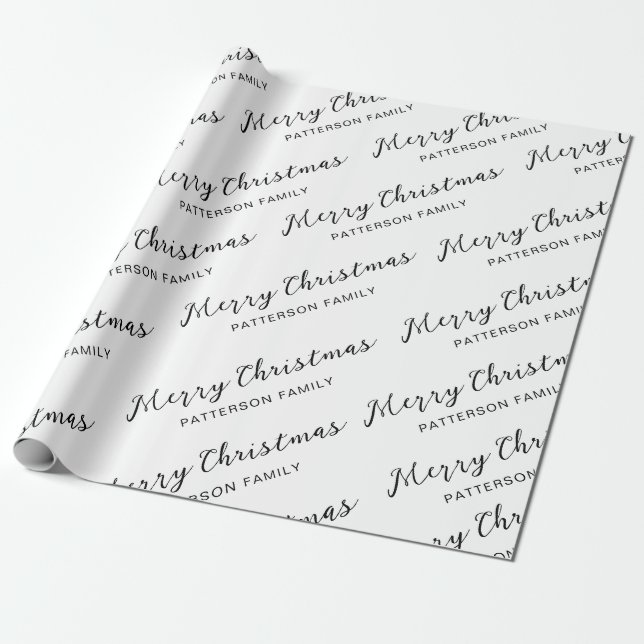Papel De Regalo Simple Black White Merry Christmas (nombre de fami (Desenrollado)