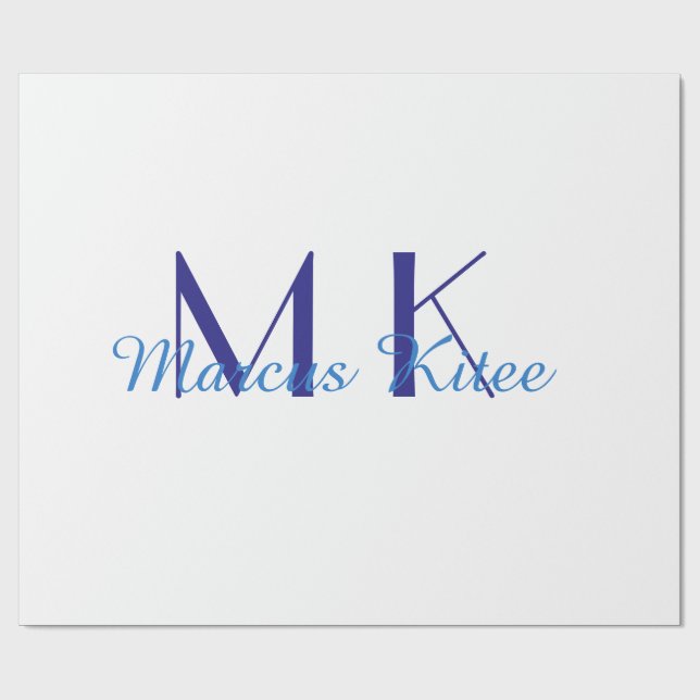Papel De Regalo simple minimal monogram personalized name blue ret (Superficie plana)
