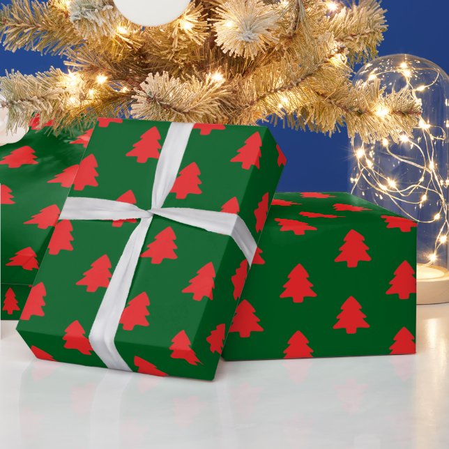 Papel De Regalo Simple Red Christmas Trees on Dark Green (Vacaciones)