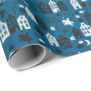 Papel De Regalo Sinterklaas conoció a paard en huisjes blauw