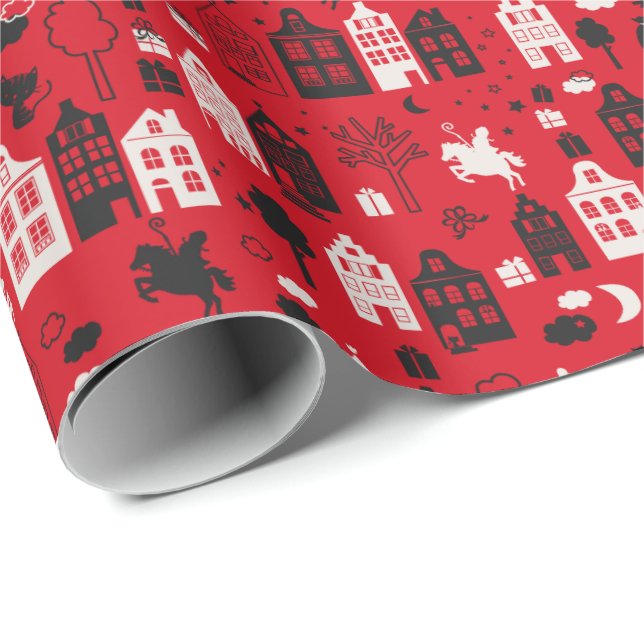 Papel De Regalo Sinterklaas conoció paard en huisjes rood (Esquina del rollo)
