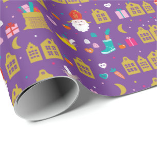 Papel De Regalo Sinterklaas met huisjes, zak kadootjes en snoep