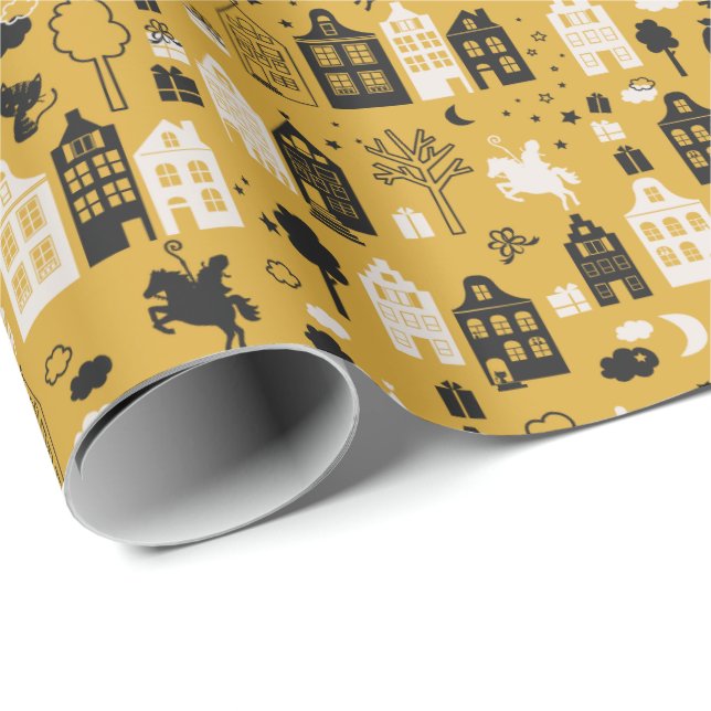 Papel De Regalo Sinterklaas met paard en huisjes oker (Esquina del rollo)