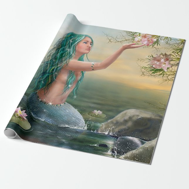 Papel De Regalo sirena cabelluda verde (Desenrollado)