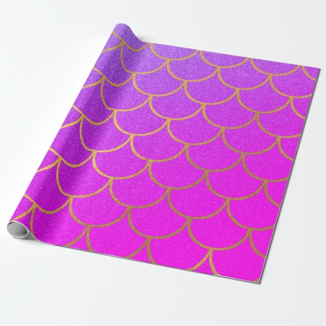 Papel De Regalo Sirena dorada escala Purpurina morado rosado (Desenrollado)