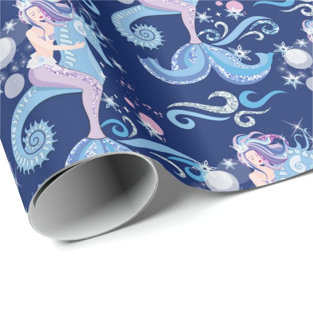 Papel De Regalo Sirena hermosa que monta un submarino del seahorse (Esquina del rollo)