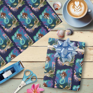 Papel De Regalo Sirena Mística Fantasía Oceánica Azul Vida Marina