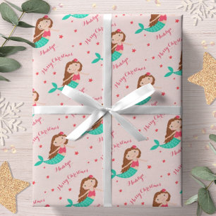 Papel De Regalo Sirena Navidad Rosa Personalizada