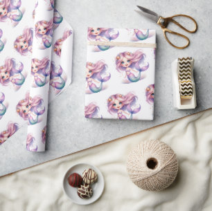 Papel De Regalo Sirena pequeña adorable acuarela púrpura turquesa