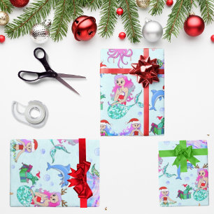 Papel De Regalo Sirenas Celebrando Navidad Con Amigos