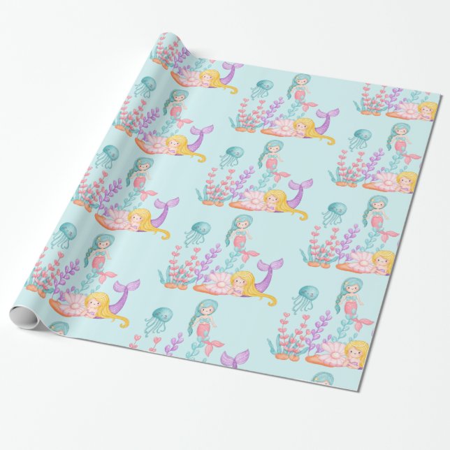 Papel De Regalo Sirenas y medusas bajo la acuarela del mar (Desenrollado)