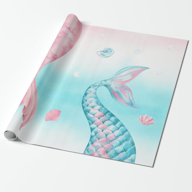 Papel De Regalo Sirenita acuarela bajo el mar (Desenrollado)