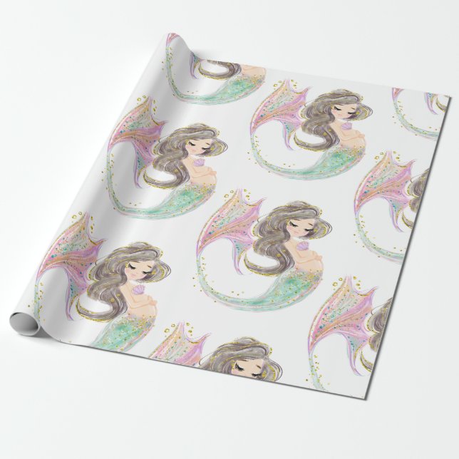 Papel De Regalo Sirenita Baby Shower. Bajo El Mar. Purpurina (Desenrollado)