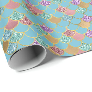 Papel De Regalo Sirenita de Purpurina Aqua Blue Pink Purple Gold